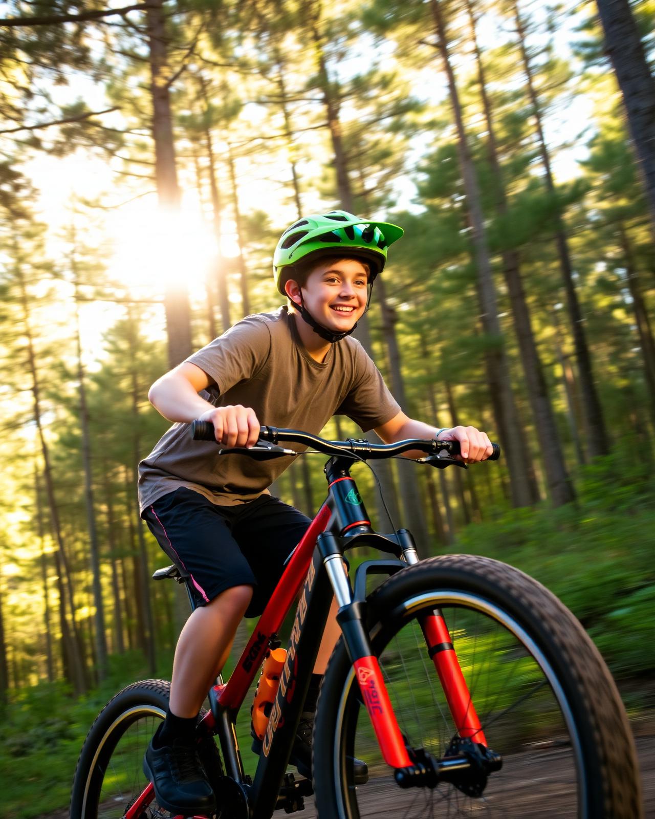 Young mountain biker riding a forest trail in North Georgia
